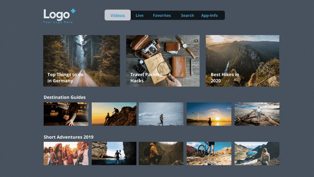 Tappla apps running on Apple TV, Fire TV and Roku — branded native TV-app templates